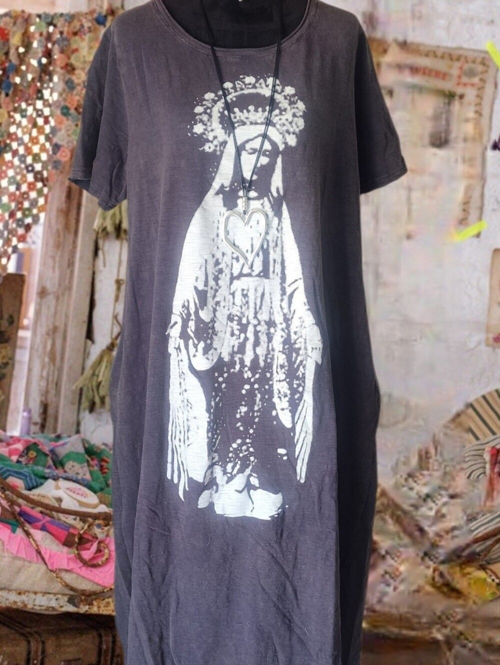 Bohemian Magnolia Style Charcoal Graphic Maxi Dress with Virgen Print L NEW